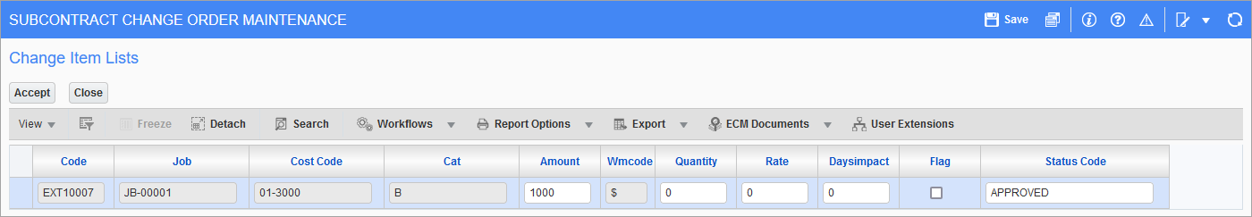 Sample of the Change Item List pop-up window