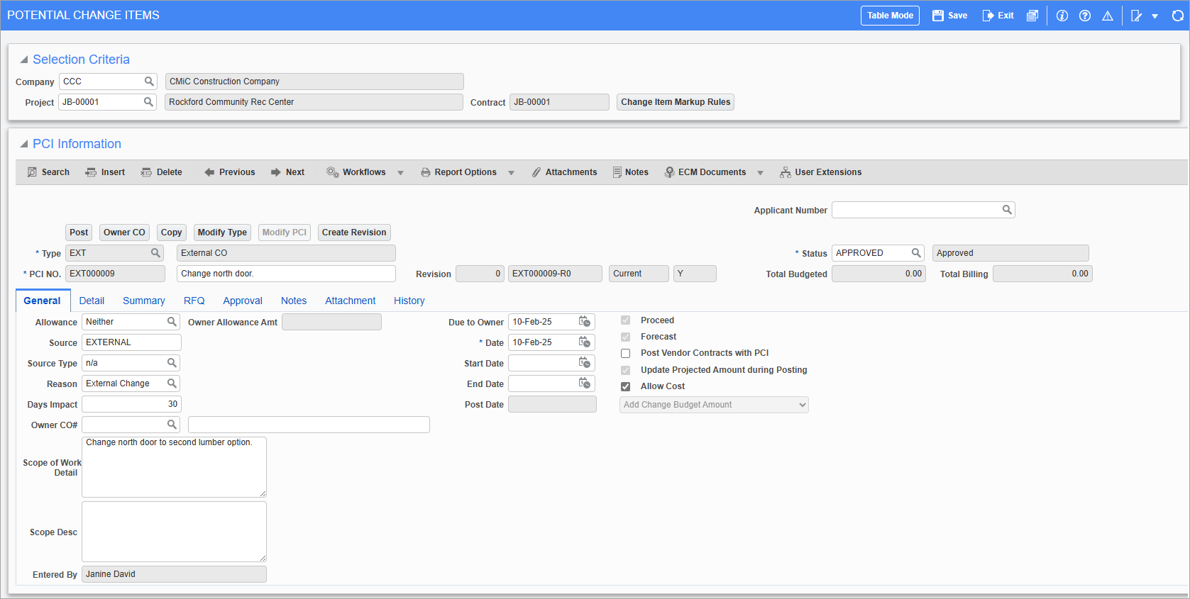 Screenshot of Enter PCI - General tab.
