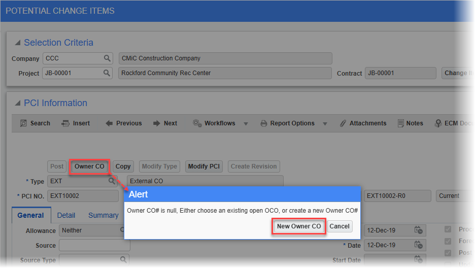 Screenshot of alert message launched from [Owner CO] button.