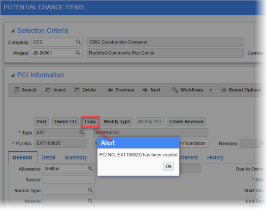 Screenshot of alert message launched from [Copy] button.