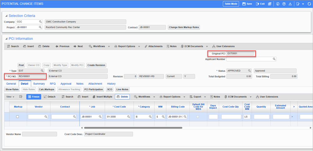 Screenshot of Potential Change Items with Original PCI field showing.