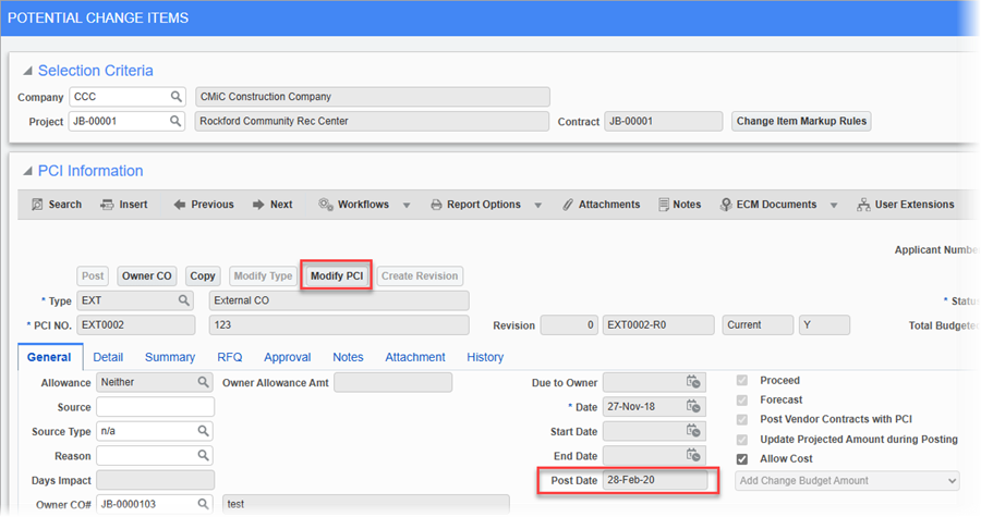 Screenshot of Potential Change Items with [Modify PCI] button and Post Date highlighted.