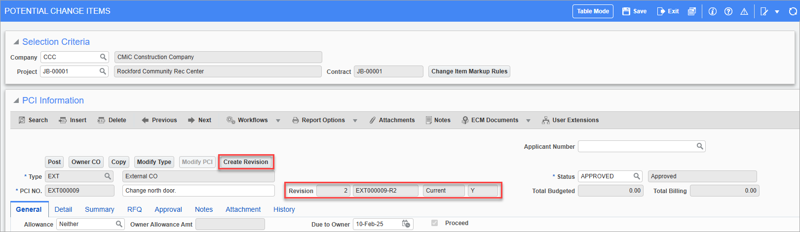 Screenshot of Potential Change Items with [Create Revision] button highlighted.