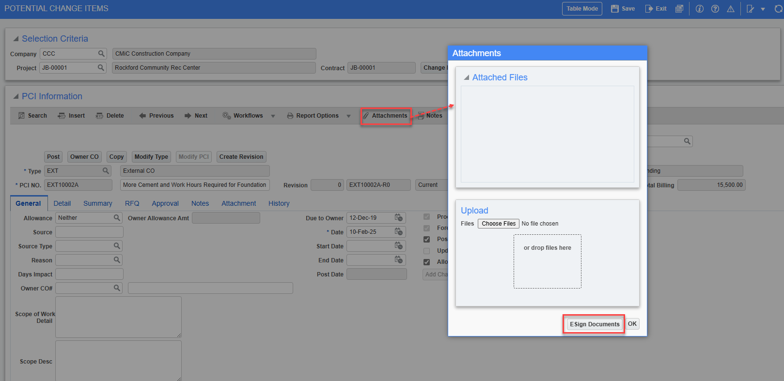 Screenshot of Attachments pop-up.