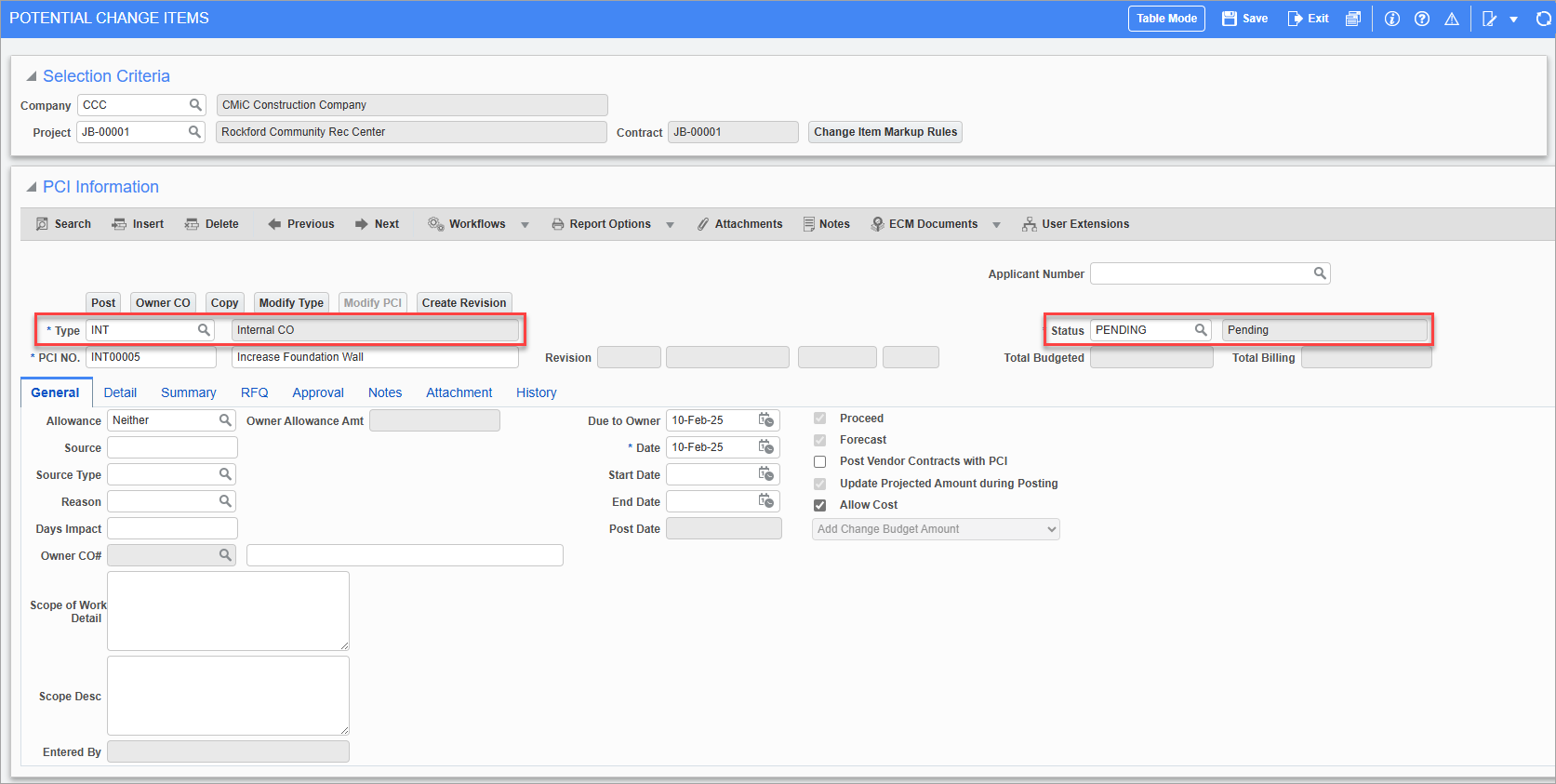 Screenshot of General tab with Type and Status fields highlighted.