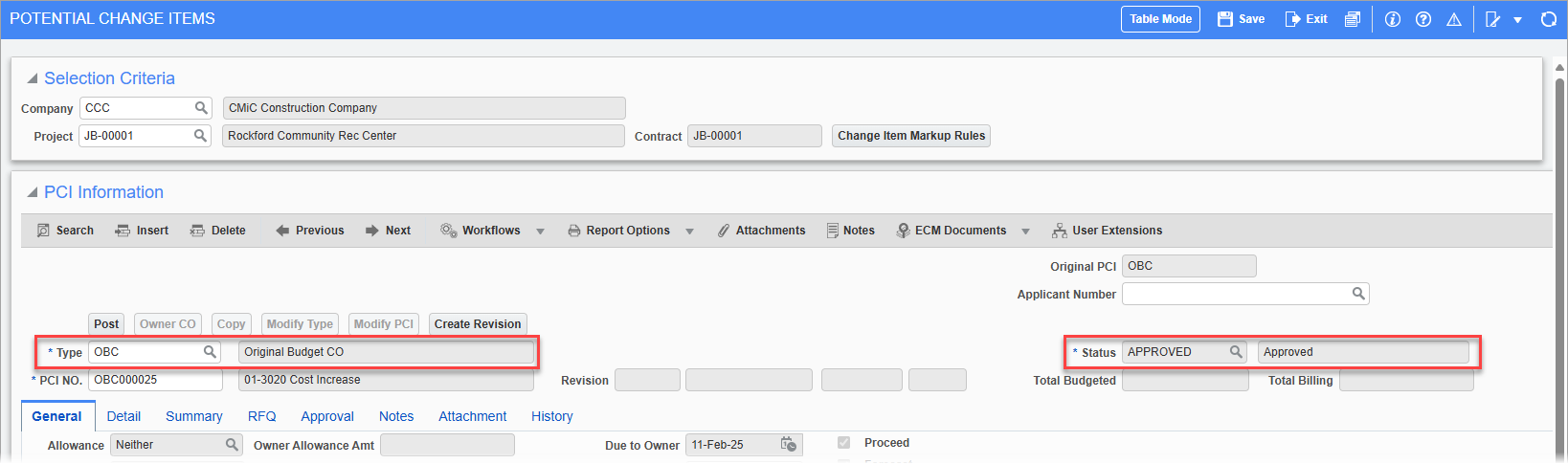 Screenshot of Potential Change Items with Type and Status fields highlighted.