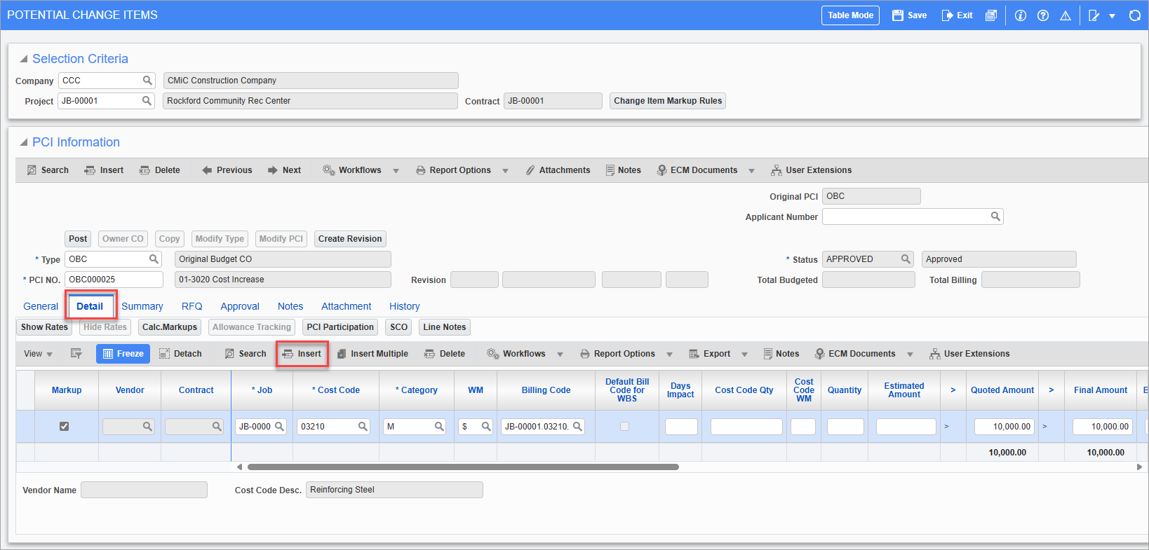 Screenshot of Detail tab.
