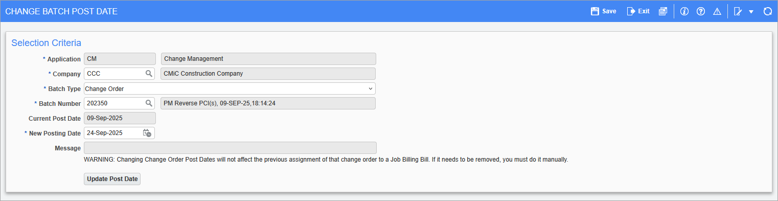 Screenshot of the Change Batch Post Date screen