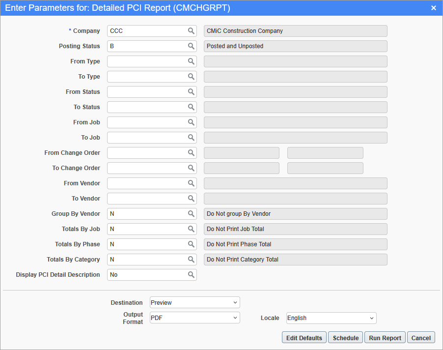 Screenshot of the Detailed PCI Report parameters screen