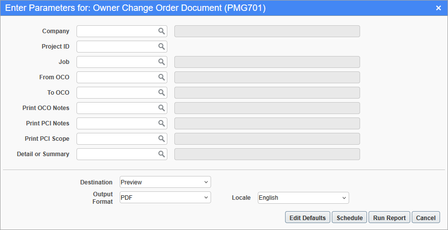 Screenshot of the Owner Change Order Document report parameters screen