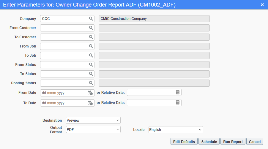 Screenshot of the Owner Change Order Report ADF parameters screen