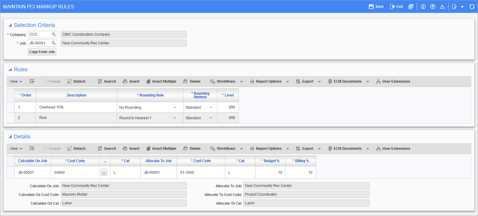 Example of the PCI Markup Rules screen in Change Management