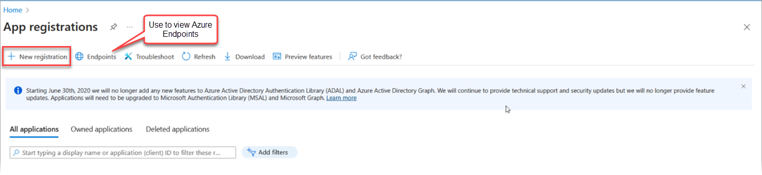 The New Registration button on the App Registrations screen of Microsoft Azure