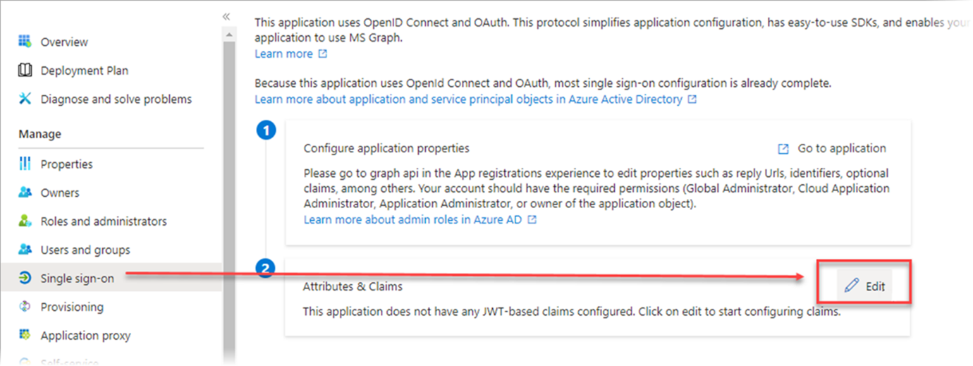 Sample of the Edit button on the Attributes & Claims section
