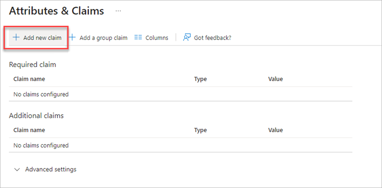Sample of the Add New Claim button on the Attributes & Claims screen