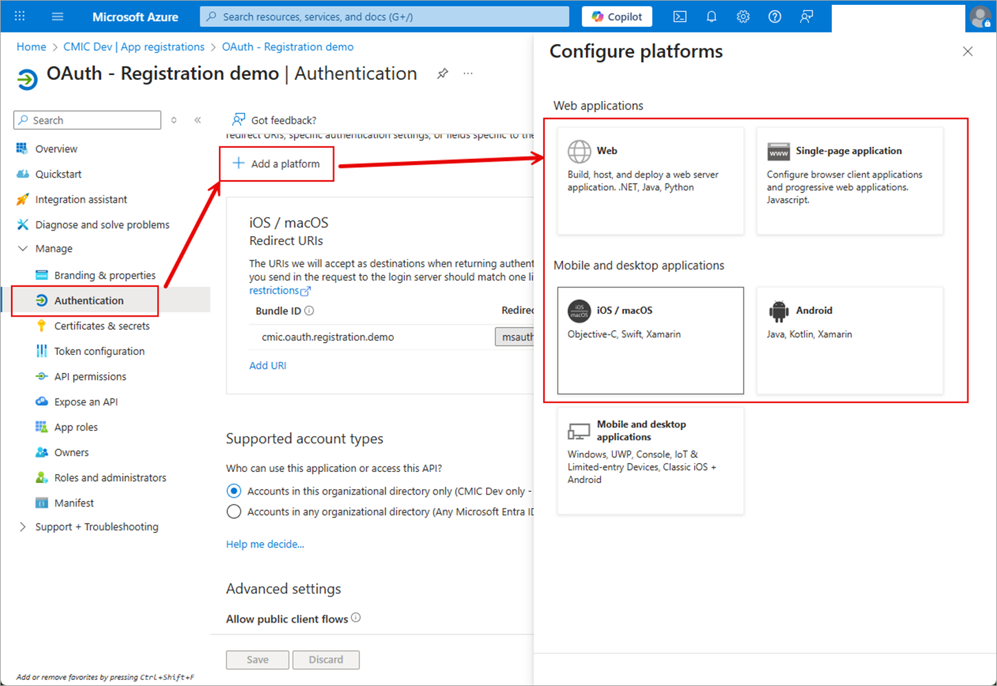Screenshot of adding a platform in the Authentication screen