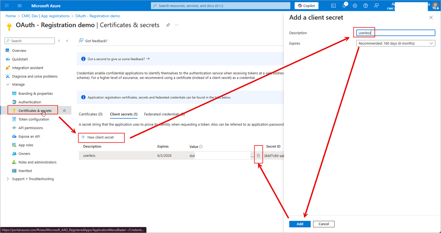 Screenshot of adding a client secret