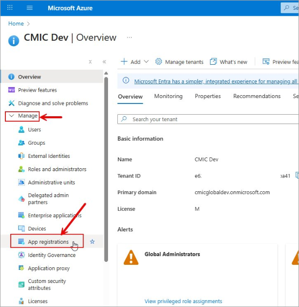 Screenshot of the App Registrations menu
