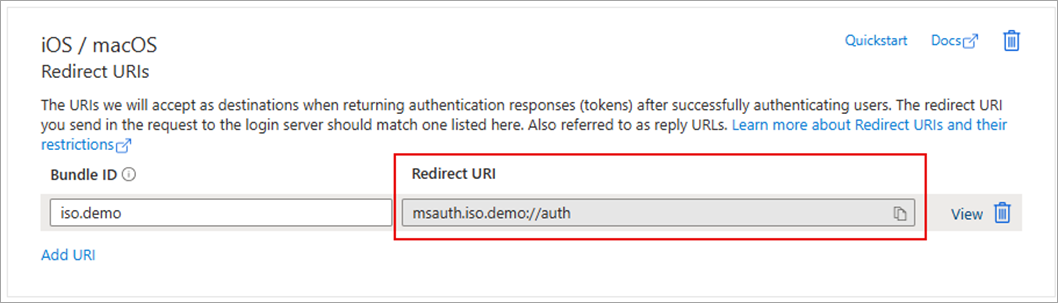 Screenshot of the iOS Redirect URIs
