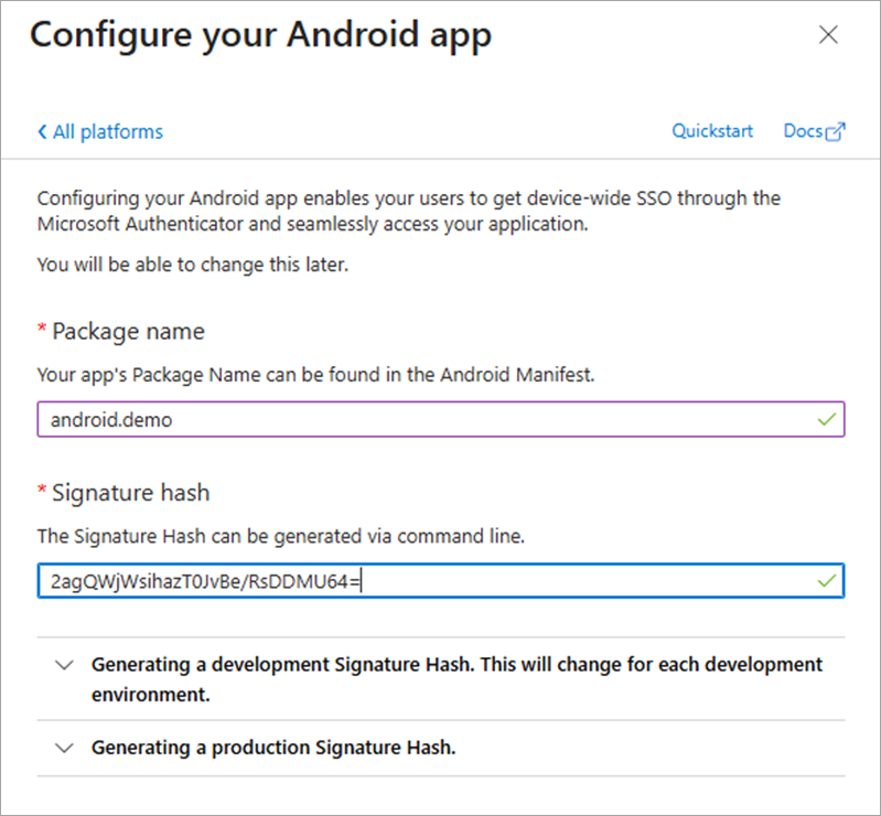 Screenshot of the Package Name and Signature Hash fields