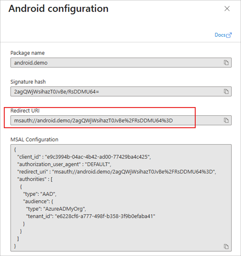Screenshot of the Android Configuration screen