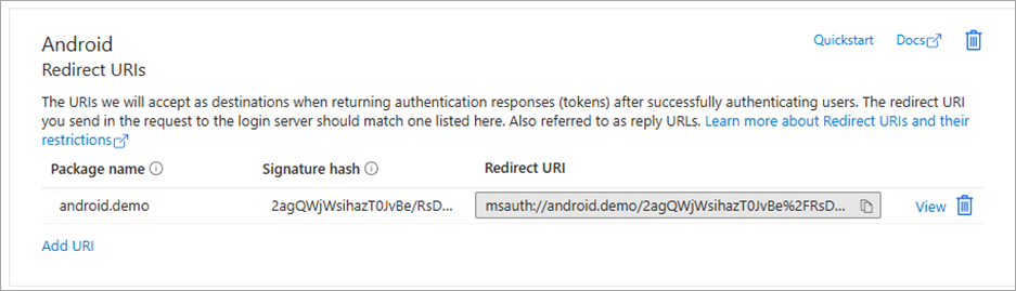 Screenshot of the Redirect URIs for Android