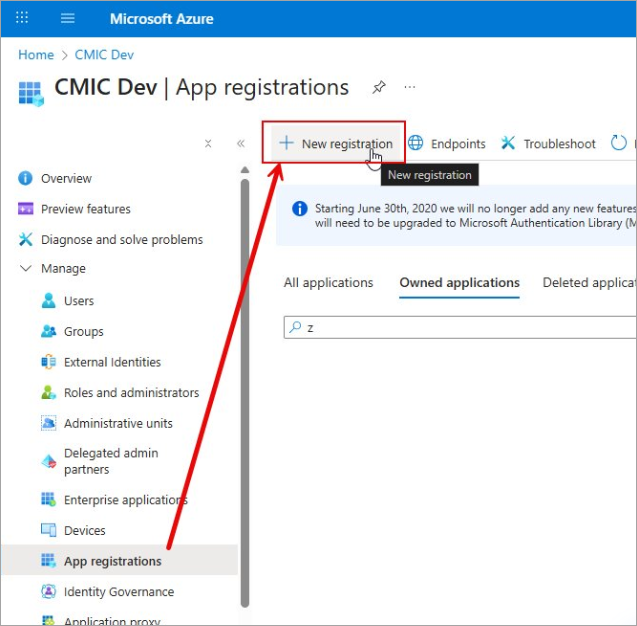 Screenshot of the New Registration button