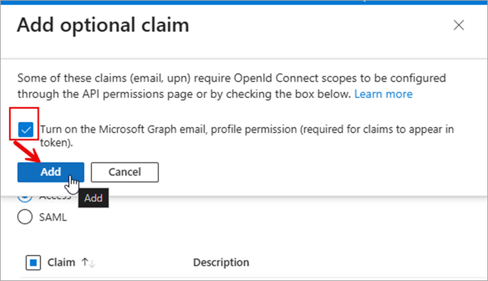 Screenshot of the Add Optional Claim pop-up window