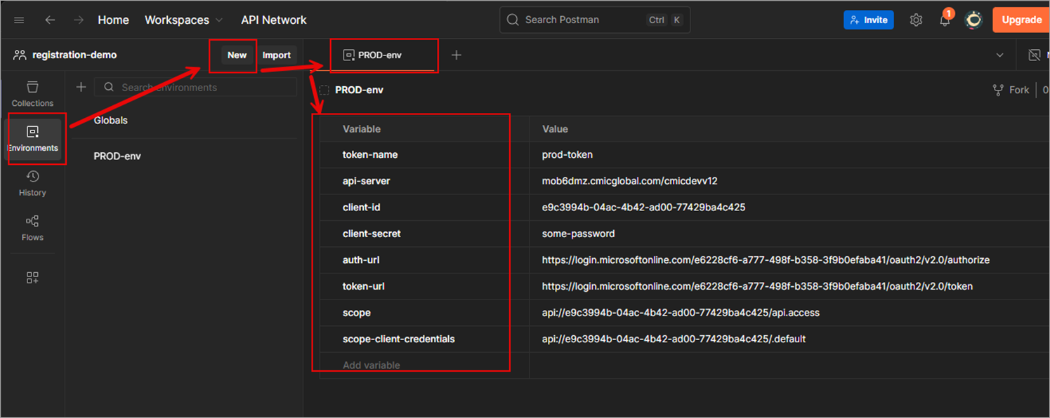Screenshot of setting up an environment in Postman