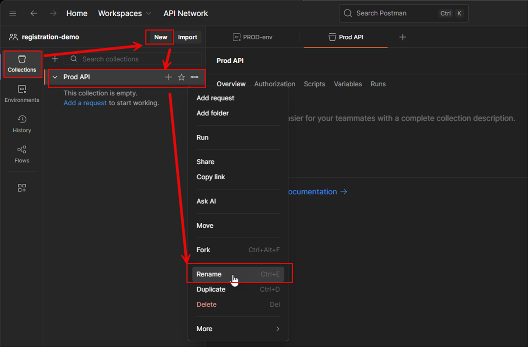 Screenshot of setting up a collection in Postman