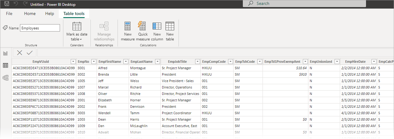 Example of a loaded data table in the PowerBI Desktop application