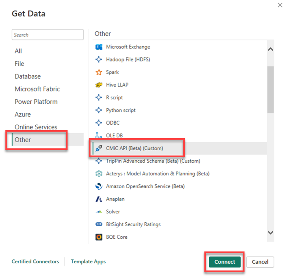 Example of the Get Data pop-up window