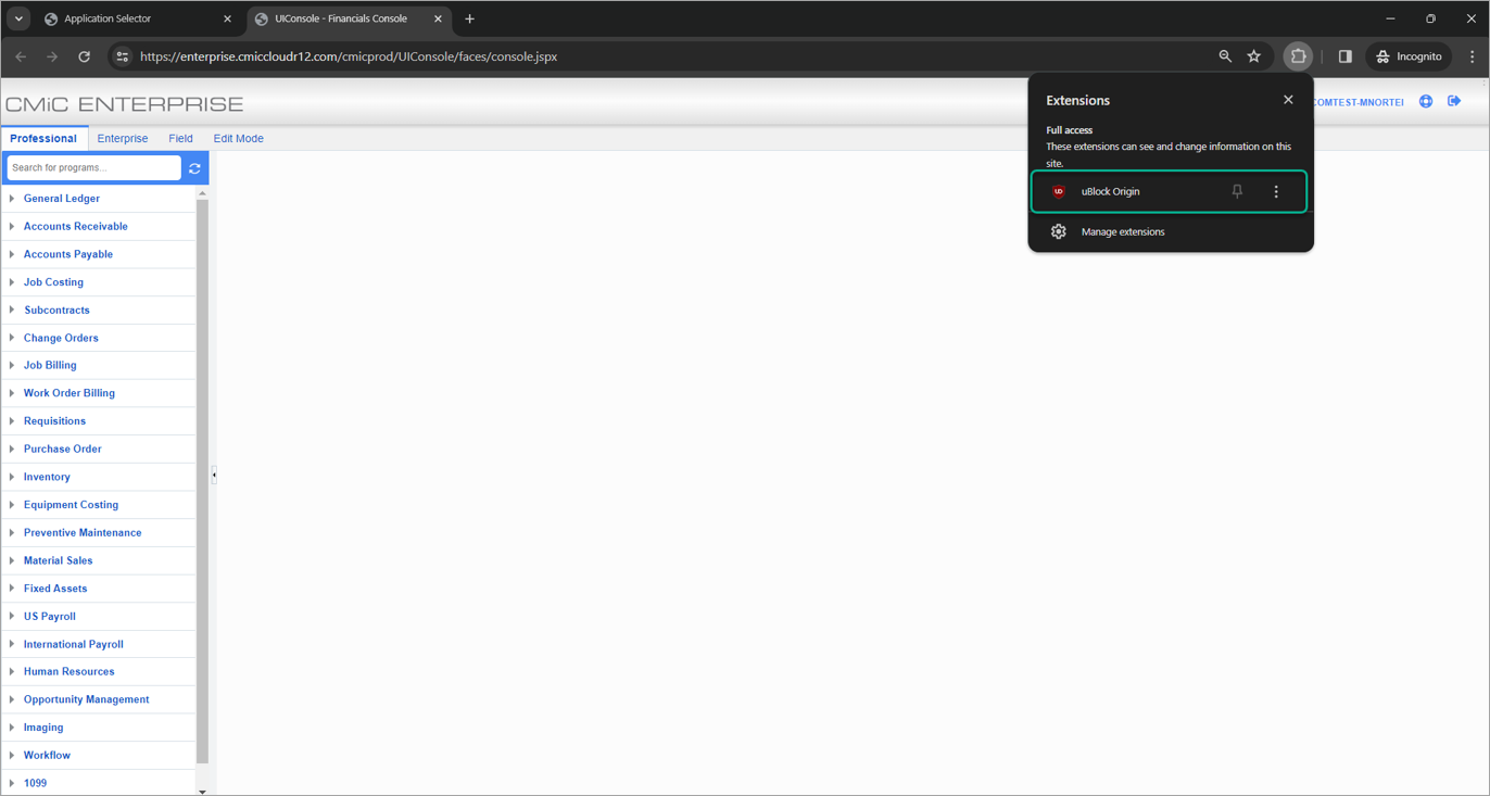 Screenshot of Extensions drop-down menu with UBlock Origin selected.