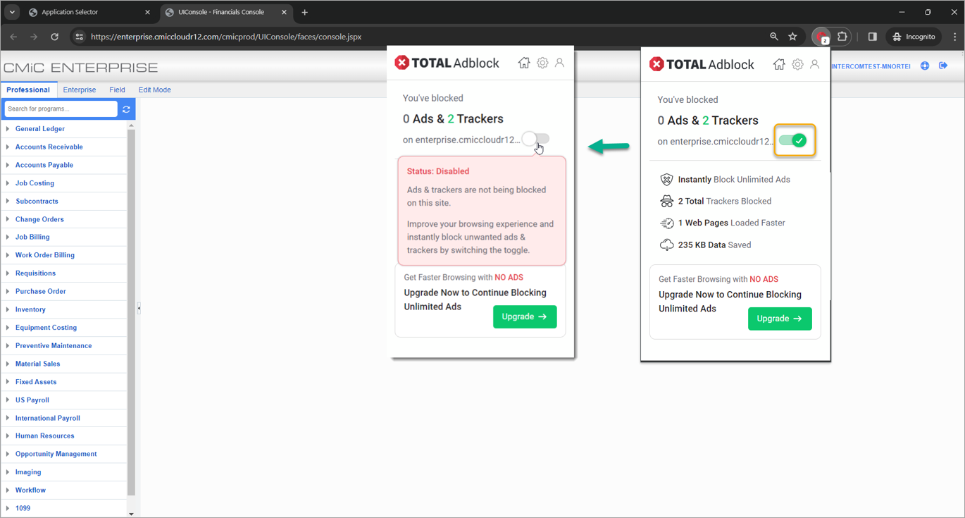 Screenshot showing Total Adblock with switch disabled.