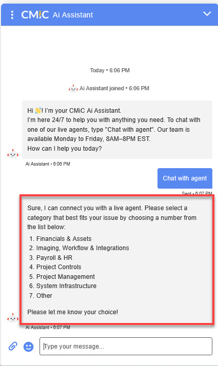 Select a category in the chat