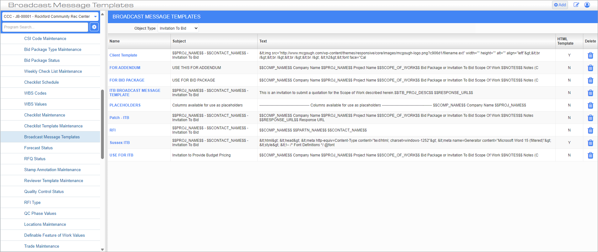 Screenshot of Broadcast Message Template