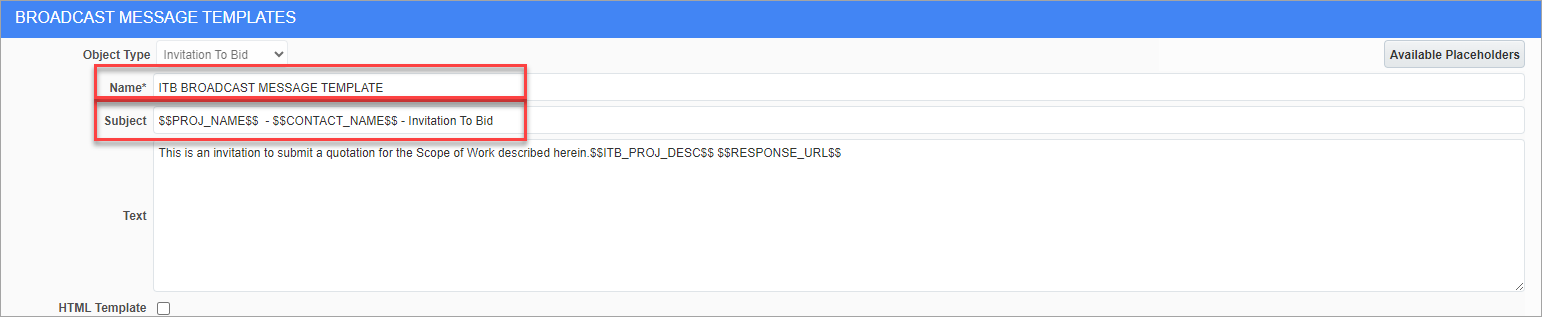 Screenshot of Broadcast Message Templates with Subject highlighted