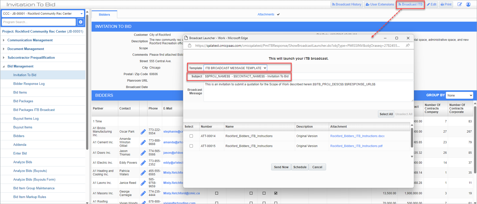 Screenshot of Invitation to Bit with [Broadcast ITB button] highlighted.