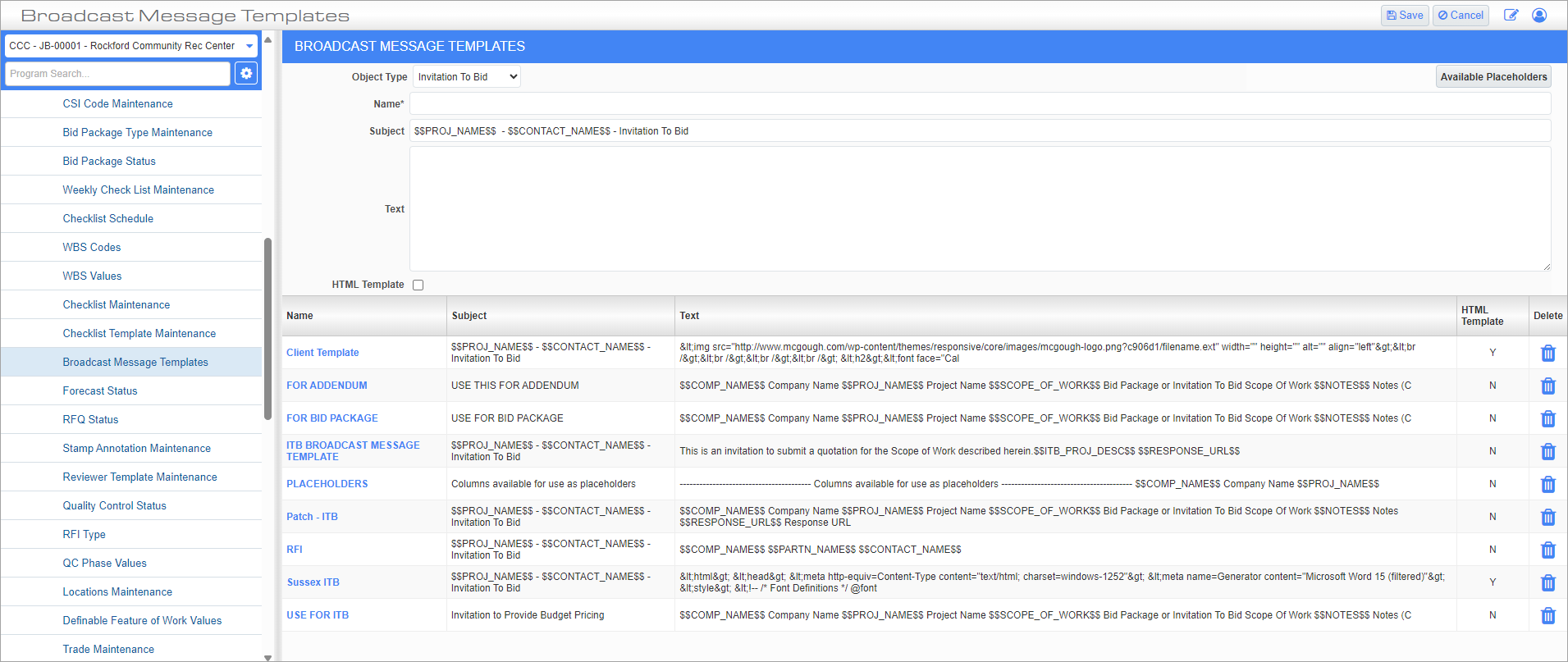 Screenshot of Broadcast Message Templates