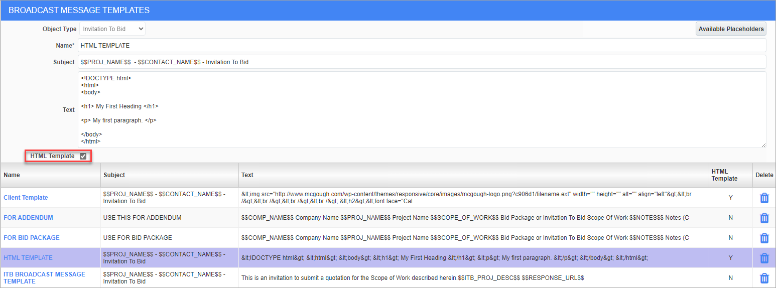 Screenshot of Broadcast Message Templates with 'HTML Template' box highlighted