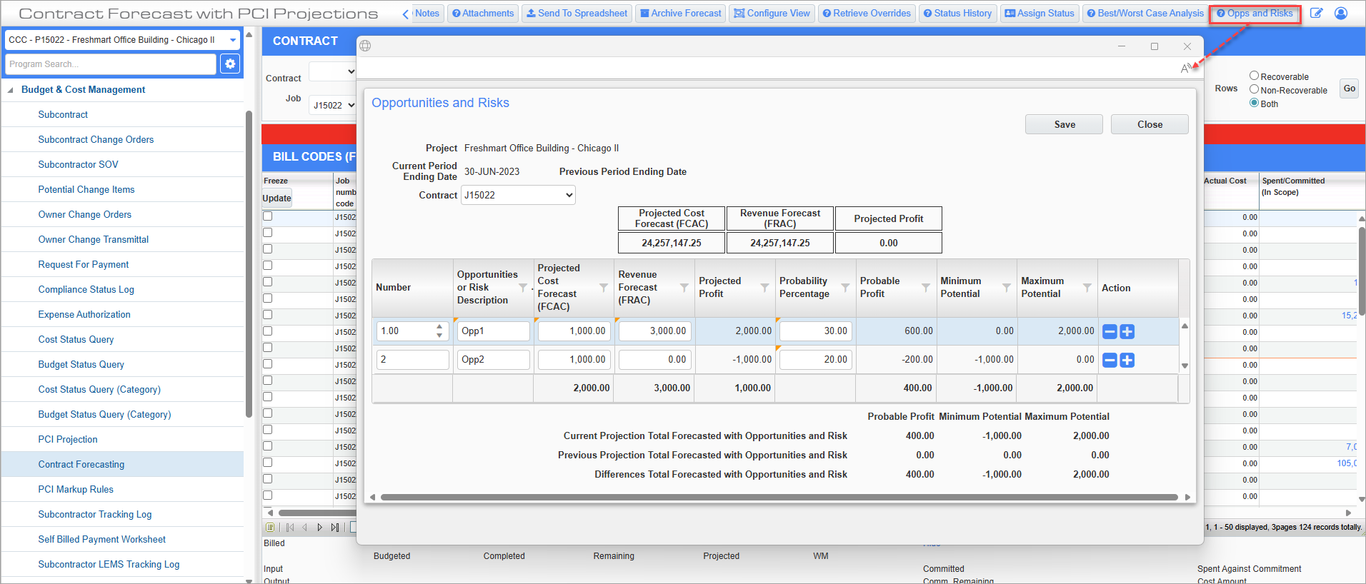 Screenshot of Opportunies and Risks pop-up launched from main toolbar.