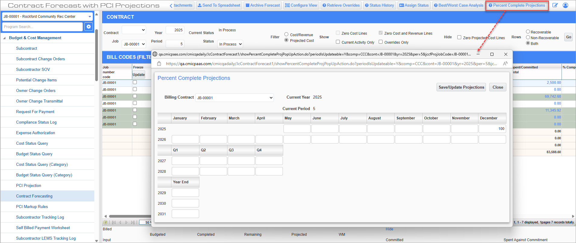 Screenshot of Percent Complete Projections pop-up launched from button on toolbar.