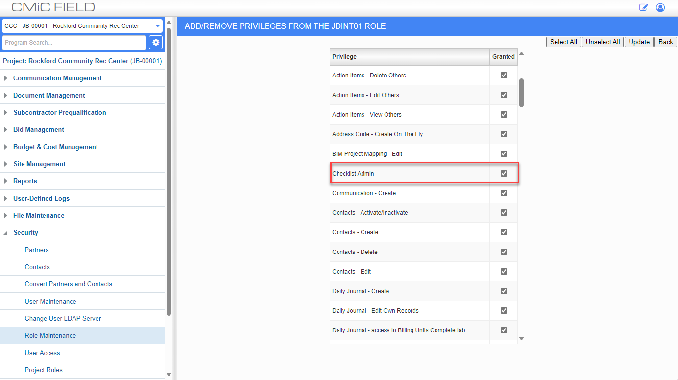 Screenshot of Role Maintenance