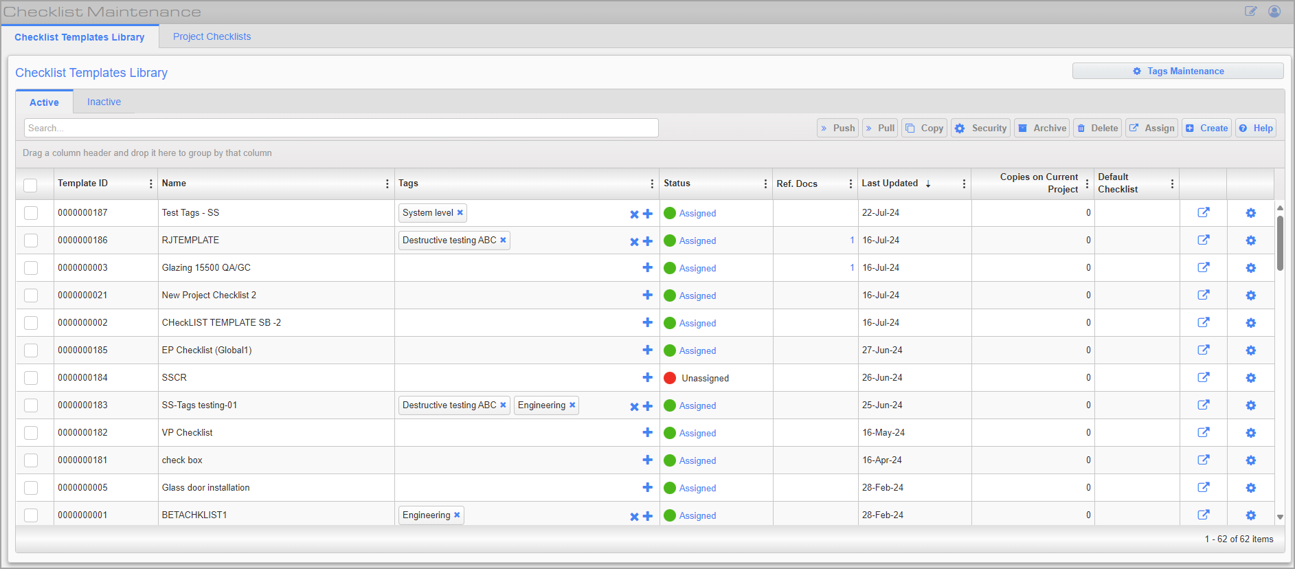 Screenshot of Checklist Maintenance - Checklist Templates tab