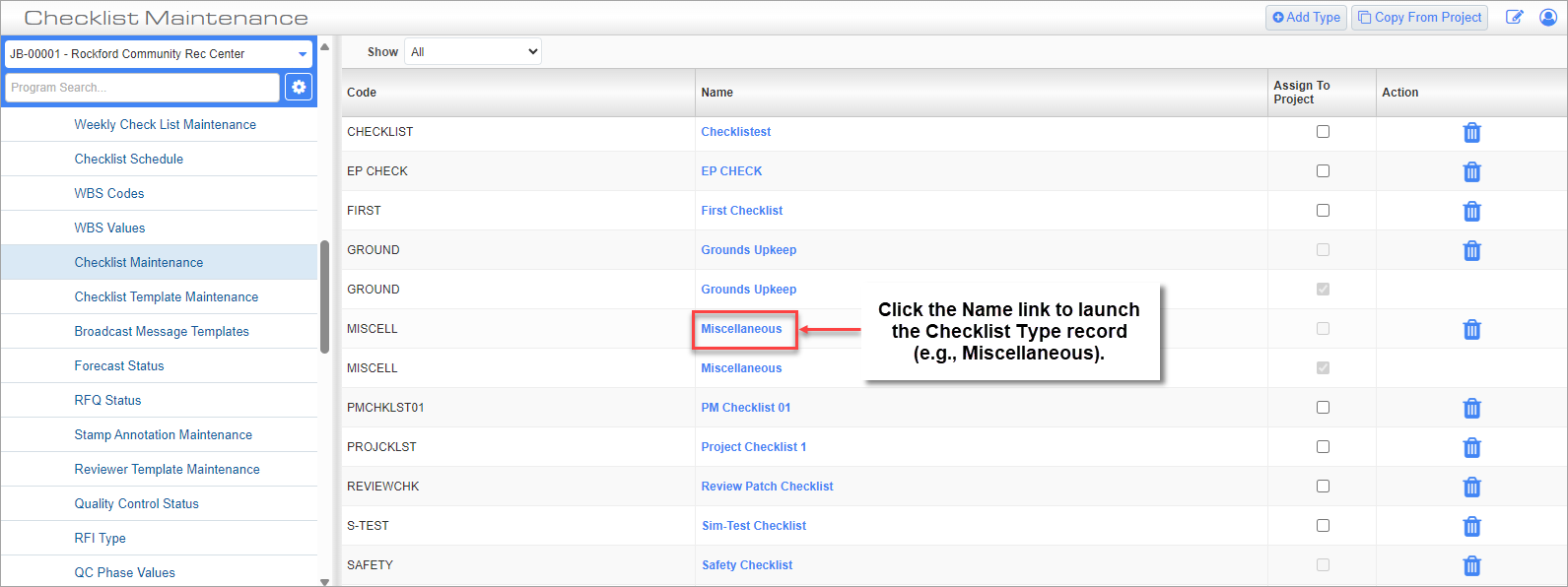 Screenshot of Checklist Maintenance with link highlighted.