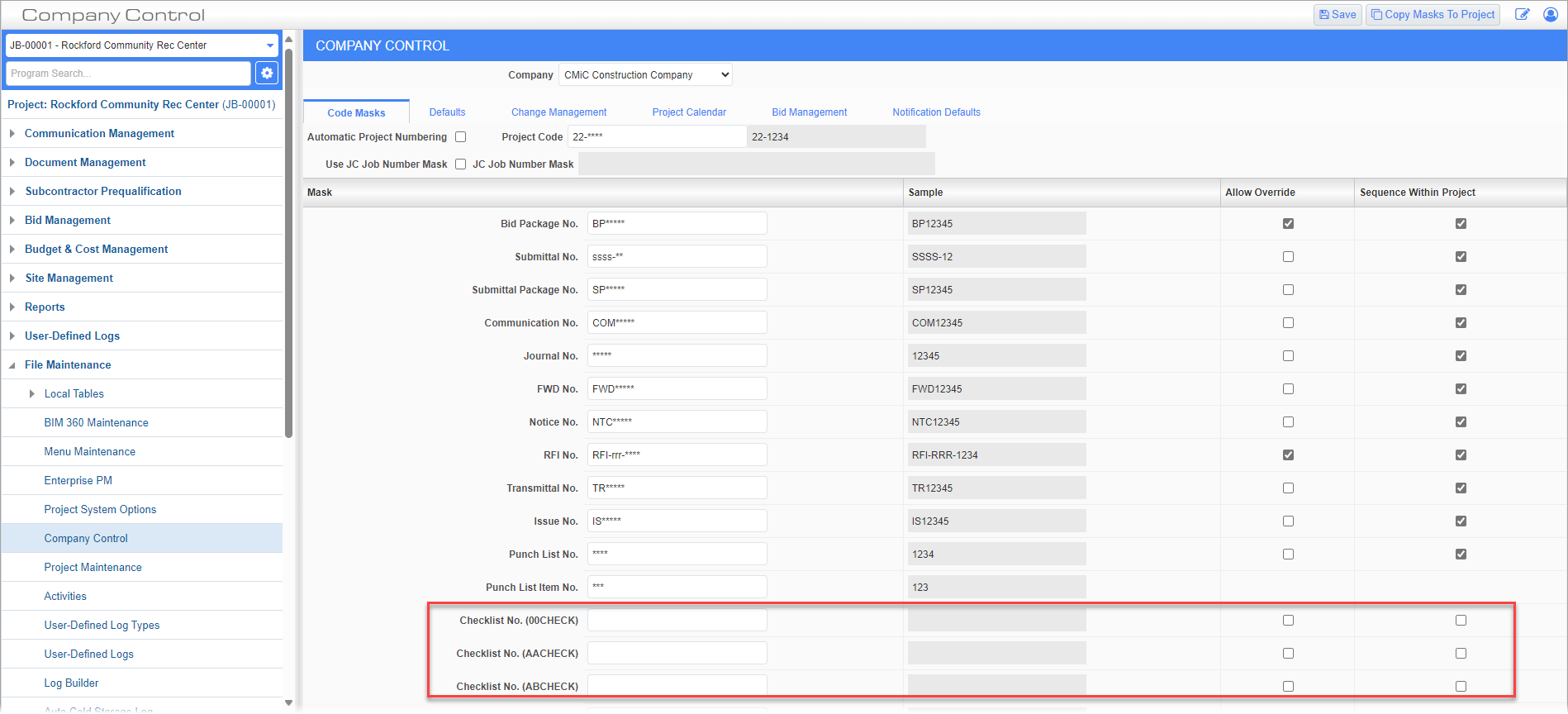 Screenshot of Company Control with Checklist masks highlighted.