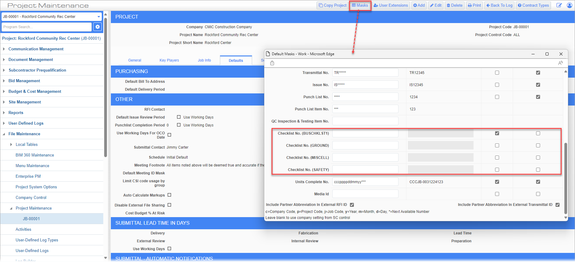 Screenshot of Project Maintenance with Masks pop-up launched.