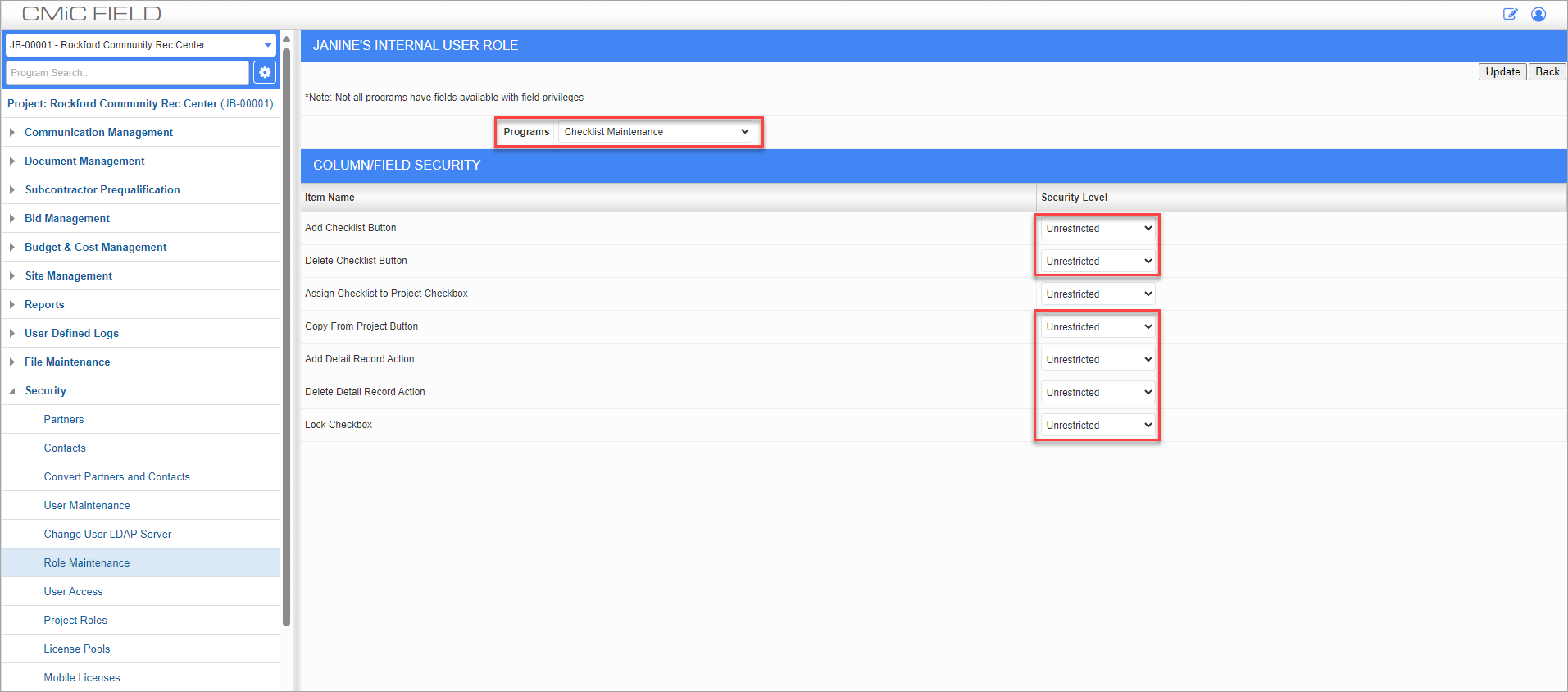 Screenshot of Role Maintenance with Checklist Maintenance programs.