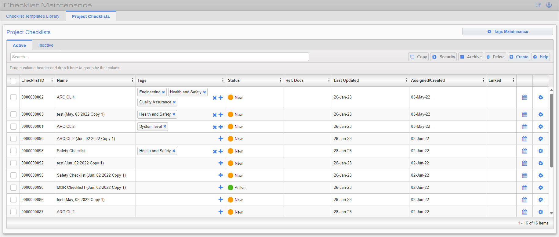 Screenshot of Project Checklists tab