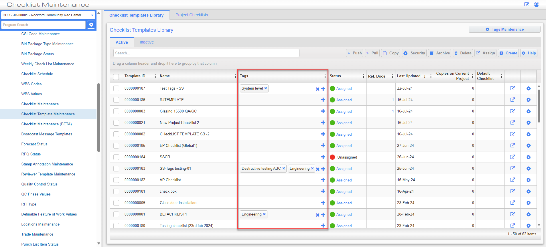 Screenshot of Checklist Template Maintenance